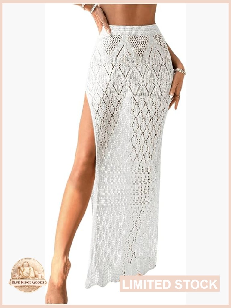 Crochet Swim Cover Up High Slit Sheer Maxi Beach Skirt Lightweight